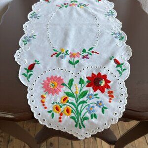 Hungarian Kalocsa Embroidered Floral Heart Theme Table Runner
